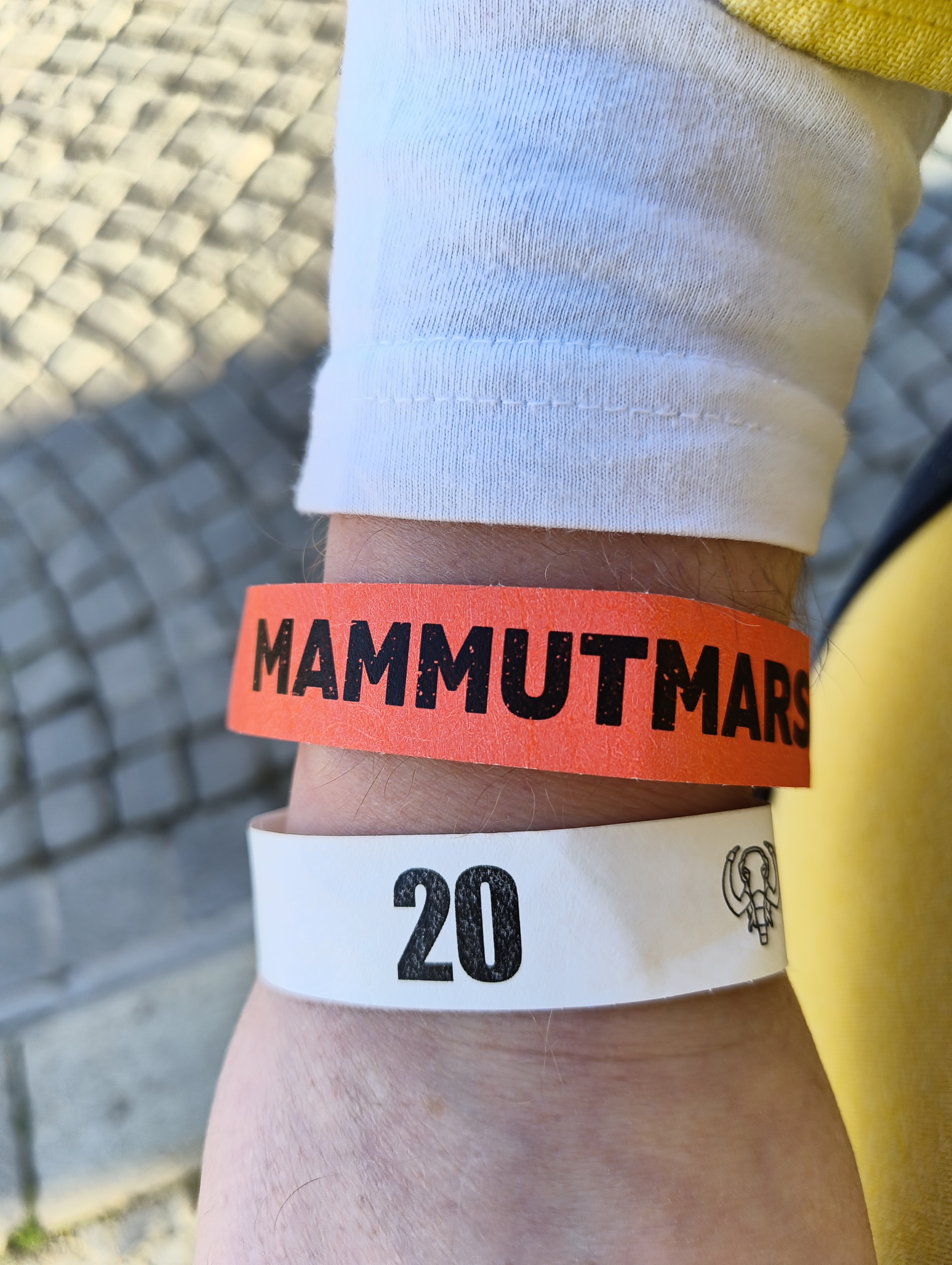 Unterarm einer Person mit zwei Armbändern. Auf dem roten Armband das Logo eines Mammuts von vorn und das Wort Mammutmarsch. Auf dem weißen Armband das Logo eines Mammuts von vorn und die Zahl 20.