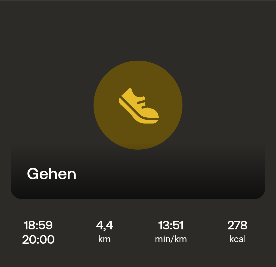 Gehen – Dauer: 61 Minuten · Kilometer: 4,4 · 13:51 Minuten pro Kilometer · 278 kcal