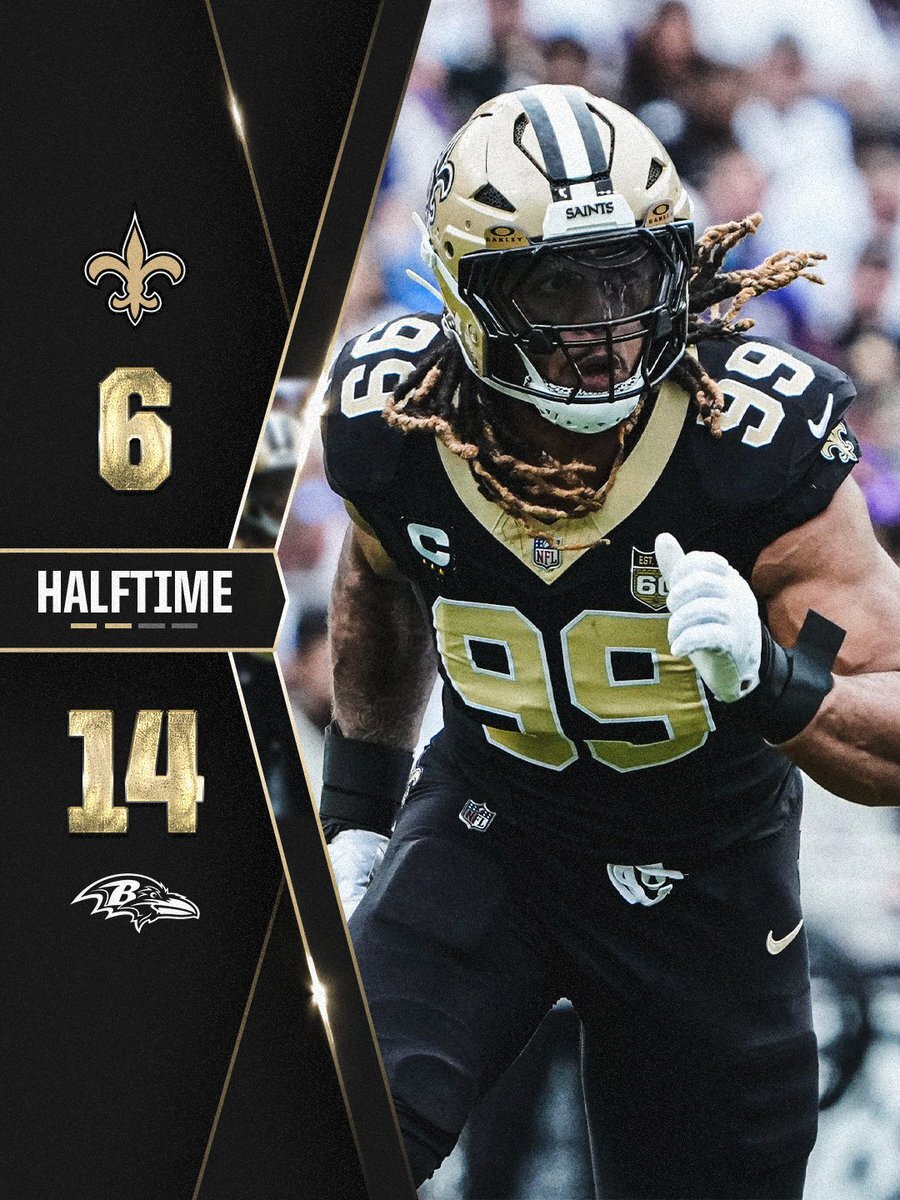 Links der Halbzeitstand von 6 zu 14, rechts der New Orleans Saints Spieler mit der Nr. 99