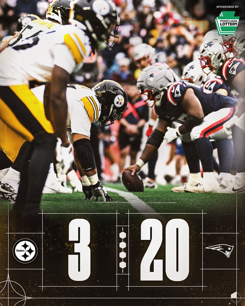 Steelers Abwehrspieler steht der Patriots Angriffsreihe gegenüber. Darunter der Endstand von 3 - 20.
