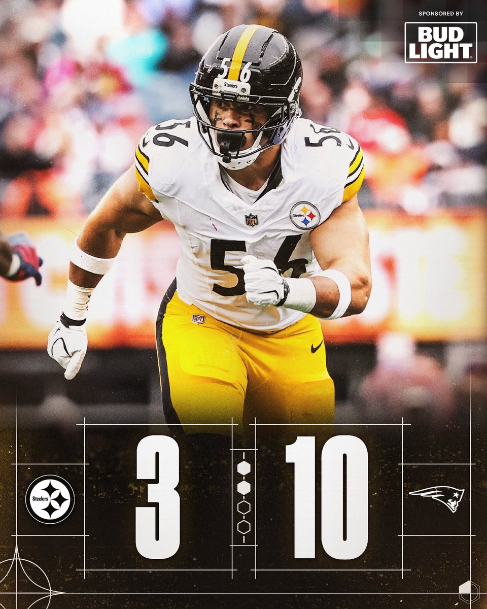 Großes Bild des Spielers mit der Nr. 56 der Pittsburgh Steelers, darunter der Halbzeitstand von 3 : 10