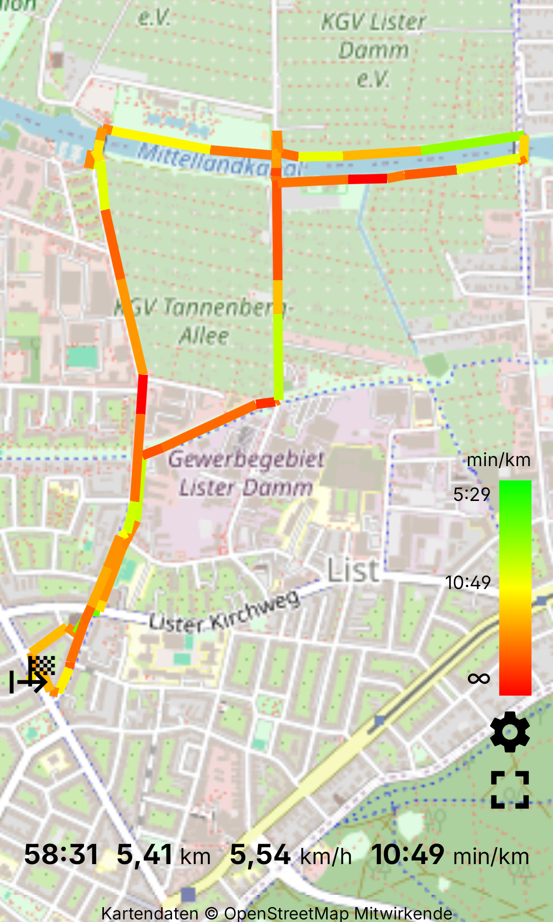 Kartenausschnitt mit der Strecke aus der List über Wöhlerstraße und Tannenbergallee zum Mittellandkanal und zurück über Pastor-Jaeckel-Weg sowie Niedersachsenring. Die Teilstücke der Strecke sind mit Farben zwischen grün, gelb und rot markiert – die Farben entsprechen dabei dem Tempo (schnell, mittel, langsam). Am unteren Rand des Kartenausschnitts statistische Angaben: • Gesamte Bewegungszeit: 58:31 Minuten; • Gesamtstrecke: 5,41 Kilometer; • Durchschnittsgeschwindigkeit: 5,54 Kilometer pro Stunde; • durchschnittlich 10:49 Minuten pro Kilometer.