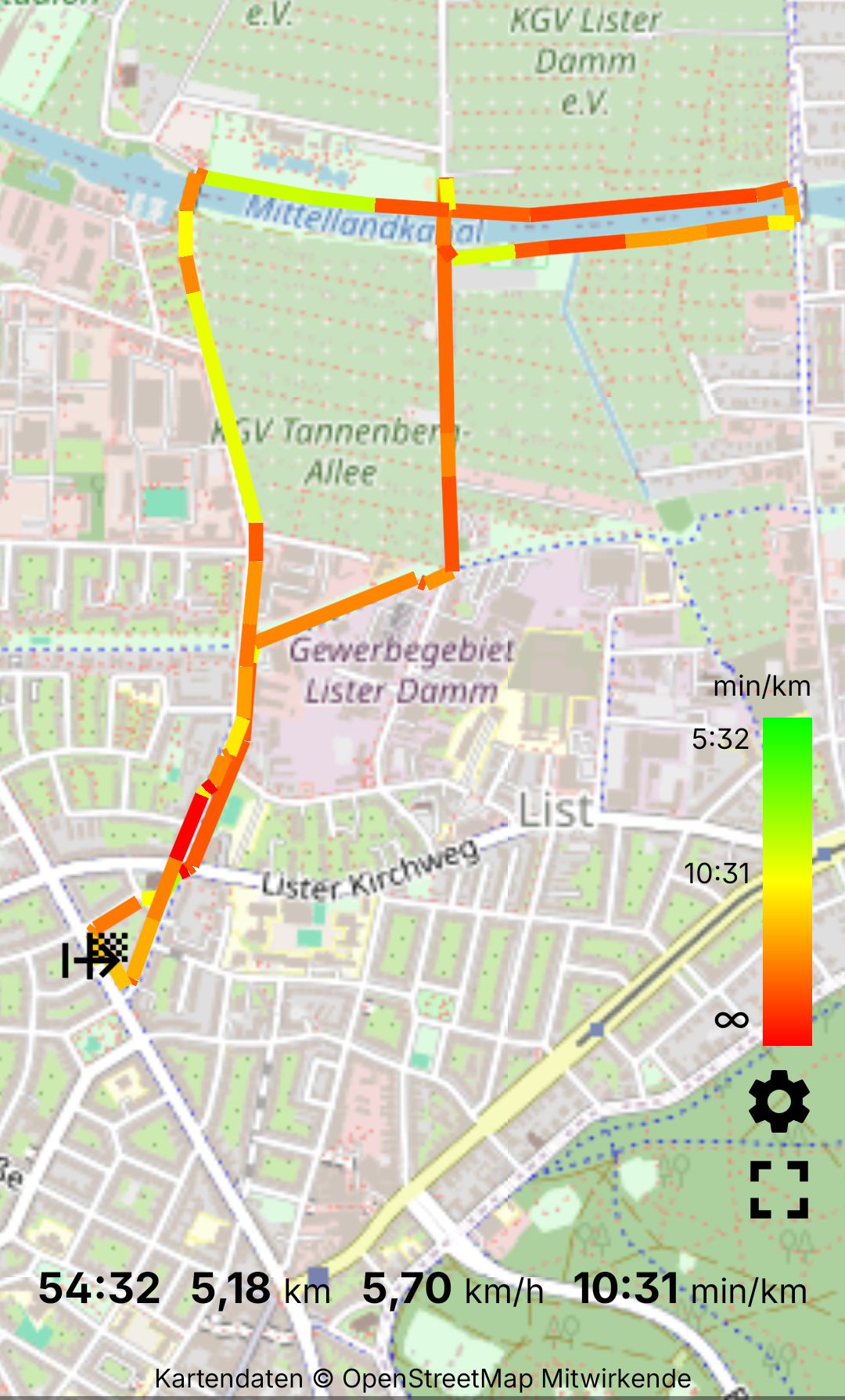 Kartenausschnitt mit der Strecke aus der List über Wöhlerstraße und Tannenbergallee zum Mittellandkanal und zurück über Pastor-Jaeckel-Weg sowie Niedersachsenring. Die Teilstücke der Strecke sind mit Farben zwischen grün, gelb und rot markiert – die Farben entsprechen dabei dem Tempo (schnell, mittel, langsam). Am unteren Rand des Kartenausschnitts statistische Angaben: • Gesamte Bewegungszeit: 54:32 Minuten; • Gesamtstrecke: 5,28 Kilometer; • Durchschnittsgeschwindigkeit: 5,70 Kilometer pro Stunde; • durchschnittlich 10:31 Minuten pro Kilometer.
