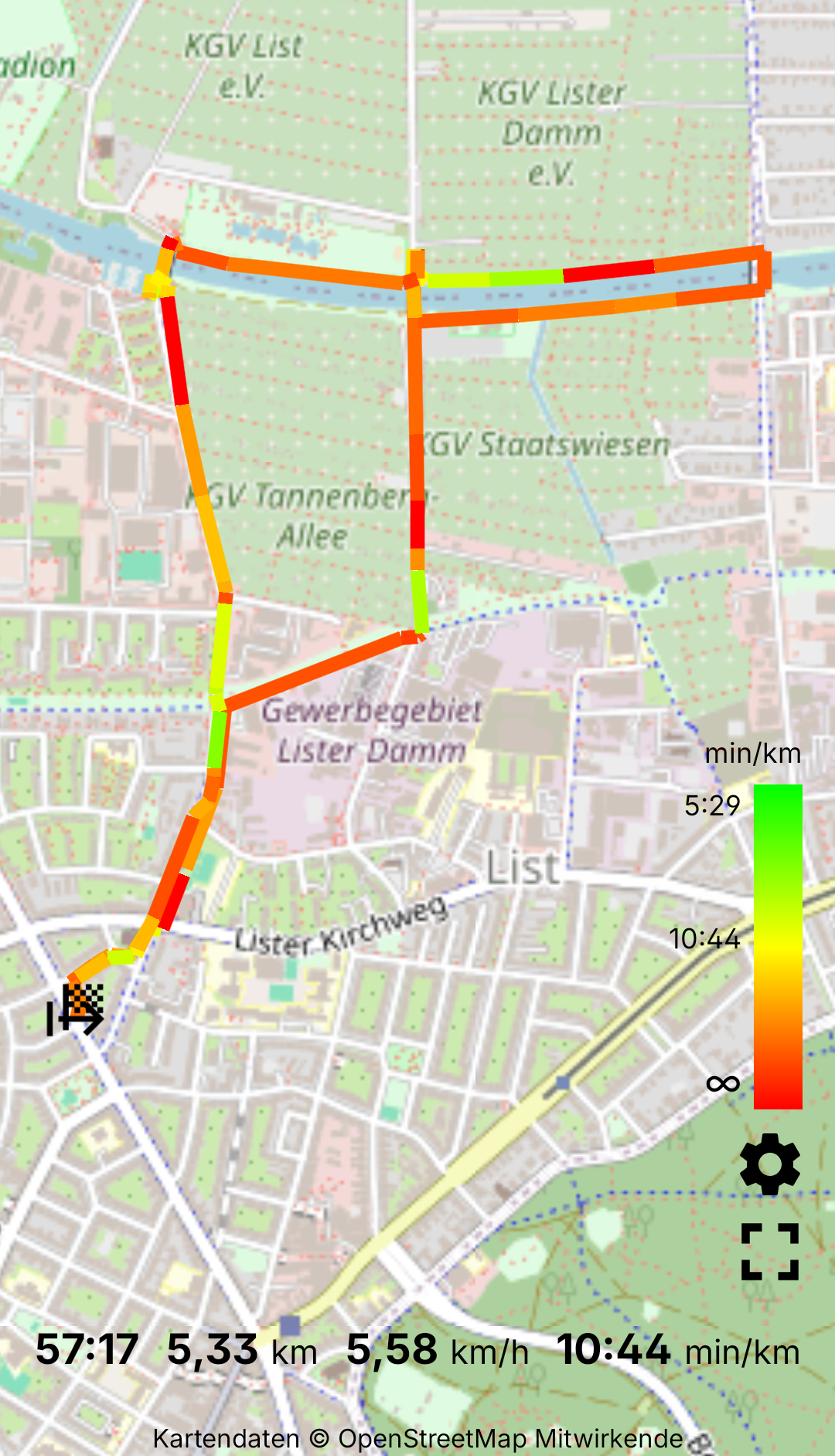 OpenStreetMap-Kartenausschnitt mit einem Teil des Stadtteil List, des Mittellandkanals und den KGV List e.V. sowie KGV Lister Damm e.V. Eine Strecke von der Ferdinand-Wallbrecht-Straße zum Mittellandkanal und der Holzwiesen-Brücke inklusive Rückweg ist mit unterschiedlich einfärbten Teilstücken markiert. Statistische Daten am unteren Ende: Gesamte Bewegungszeit = 57:17; gesamte Strecke = 5,33 km; durchschnittliche Geschwindigkeit = 5,58 Kilometer pro Stunde; durchschnittlich 10:44 Minuten pro Kilometer.