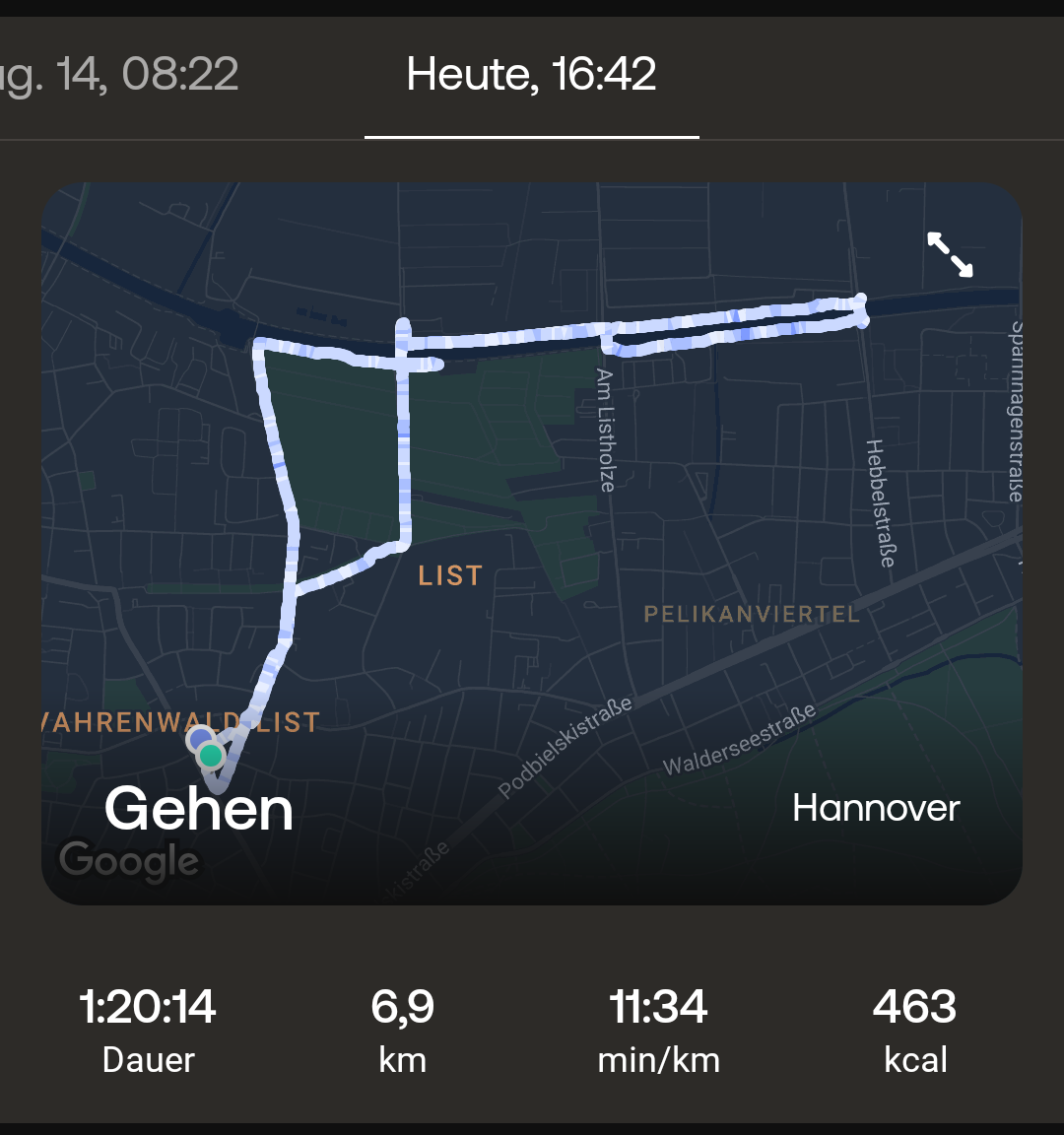 Aufgezeichnete Strecke, größtenteils entlang des Mittellandkanales. Darunter einige statistische Daten: • Dauer 1 Stunde, 20 Minuten und 14 Sekunden; • 6,9 Kilometer; • 11:34 Minuten pro Kilometer; • 463 kcal